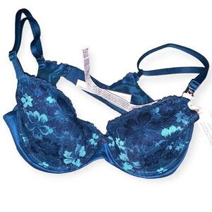Body by Victorias Secret 34C Lined Demi Bra Blue Floral Lace Underwire